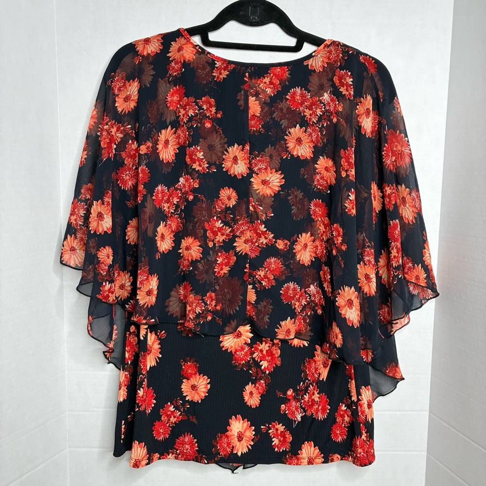 Liz McCoy Black Orange Floral Women's Overlay Blouse Large Travel Office - Picture 7 of 7